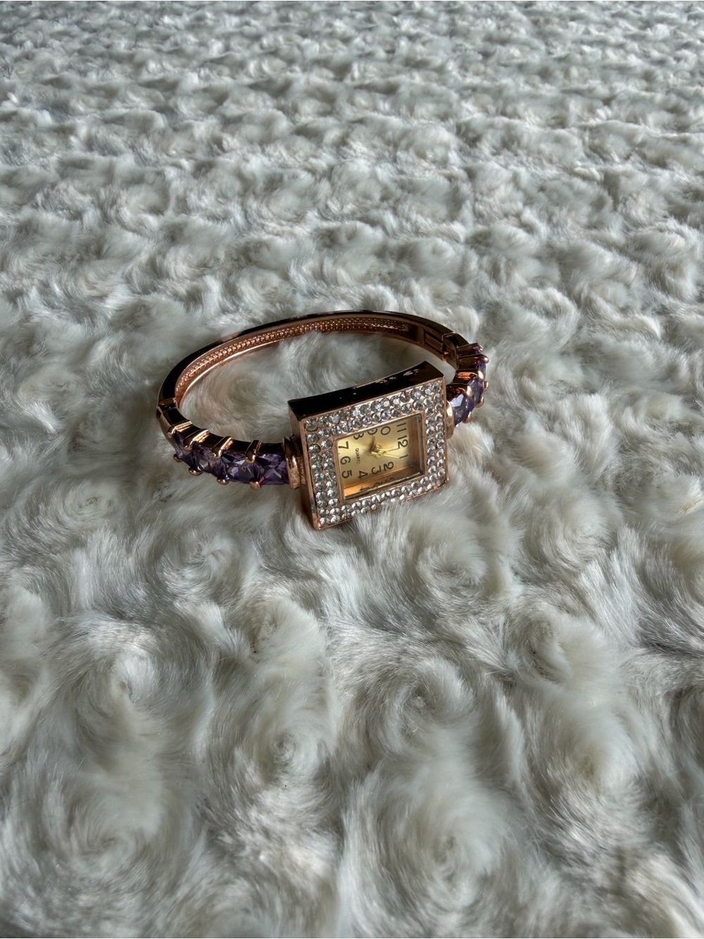 Rose Gold Bracelet Watch with Purple Gem Accents